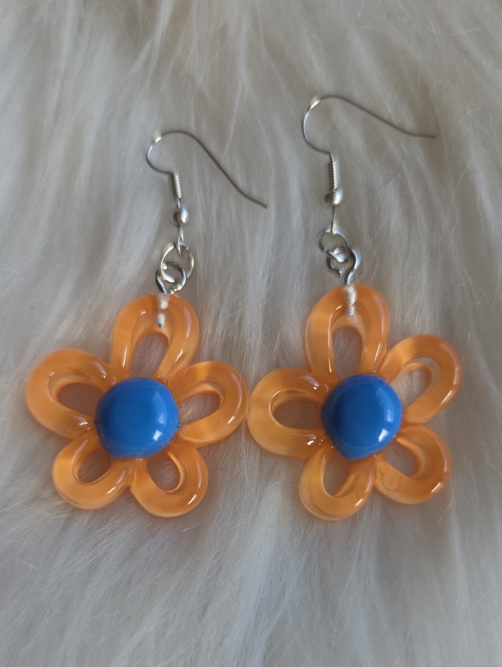 Orange Flower Dangle Earrings with Blue Center - Picture 1 of 5